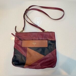 Vintage Fossil Genuine Leather Colorblock Crossbody Bag Burgundy, Black & Tan